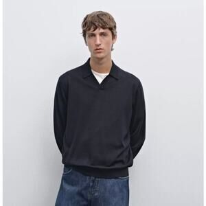 Massimo Dutti navy  Cotton Wool Knit Polo Sweater Minimal office Classic L